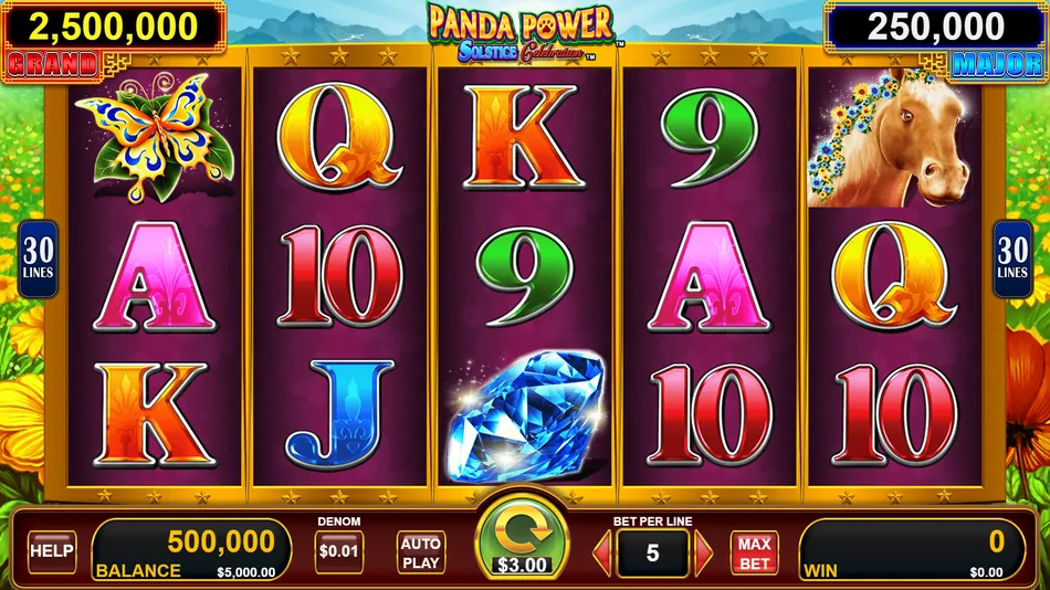 Panda Magic pokie base game grid with Mystery tile on reel three